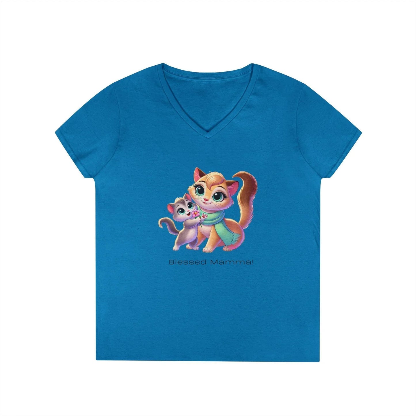 Blessed Mamma - Cat and Kitten 🐱💐 Ladies' V-Neck Tee 💖 - Whippie's