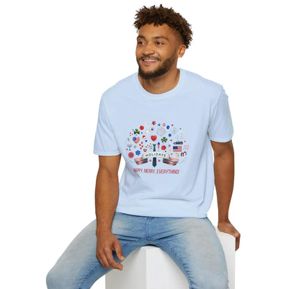 Merry Happy Everything 🎉 Unisex T-Shirt - Red, White & Blue Holiday Cheer! - Whippie's