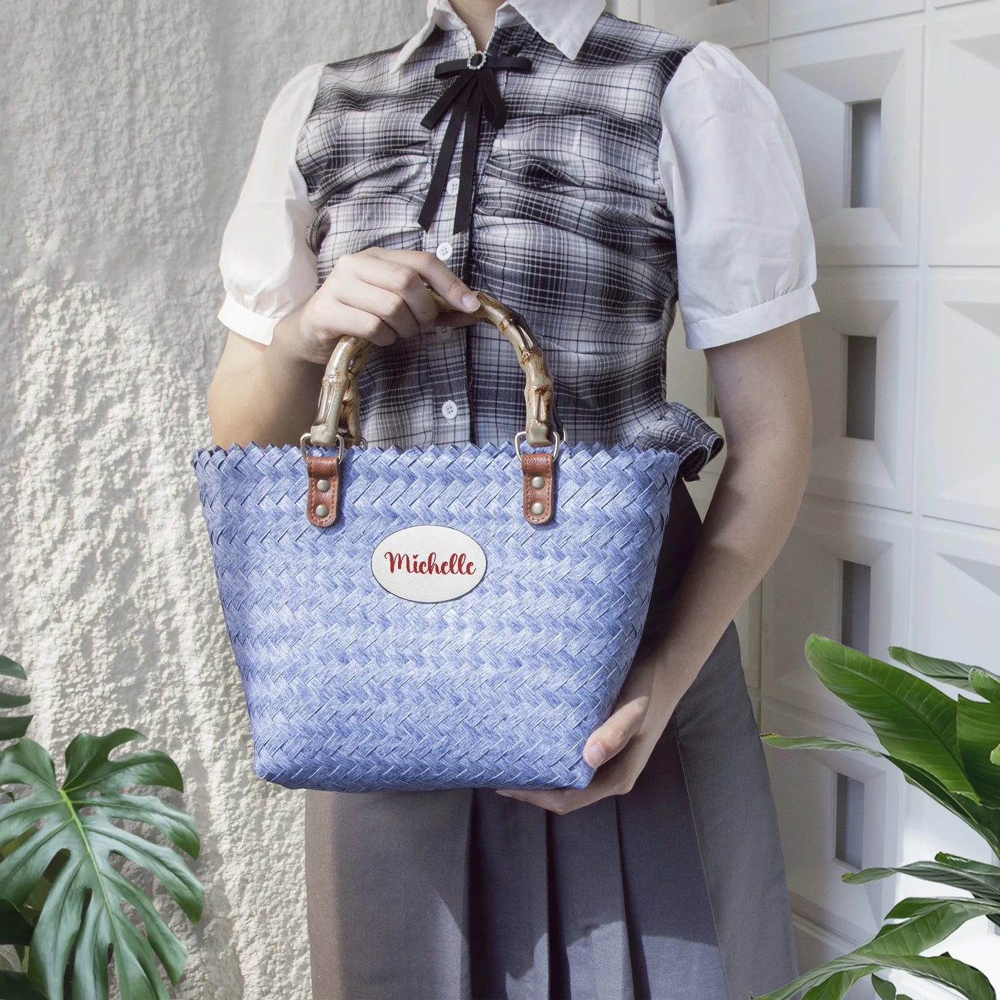 1231. Chic Woven Basket Bag with Bamboo Handle - Personalizable - Whippie's