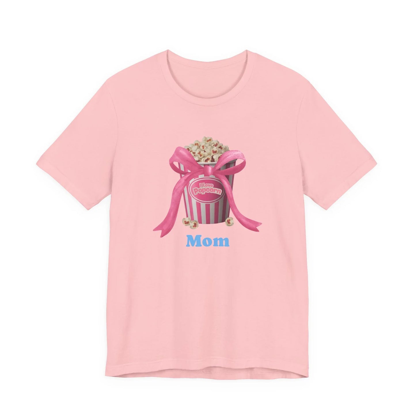 Pink t-shirt with popcorn bucket graphic tied with pink ribbon and blue Mom text
