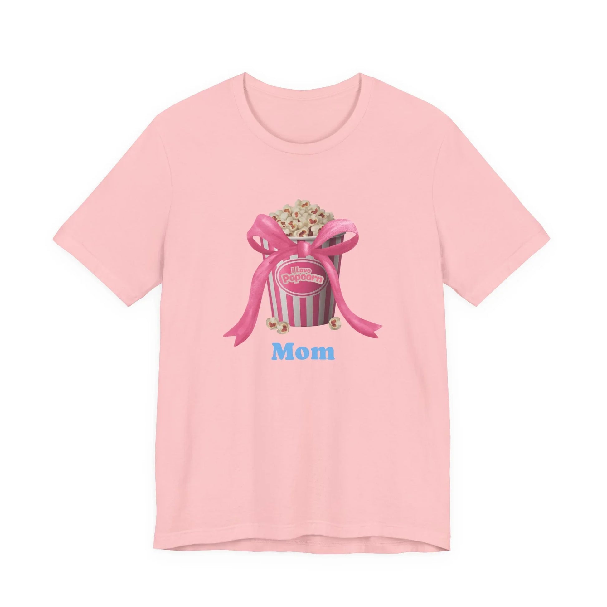 Pink t-shirt with popcorn bucket graphic tied with pink ribbon and blue Mom text