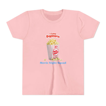 Pink t-shirt with popcorn bucket graphic and text I Love Popcorn Movie Night Squad