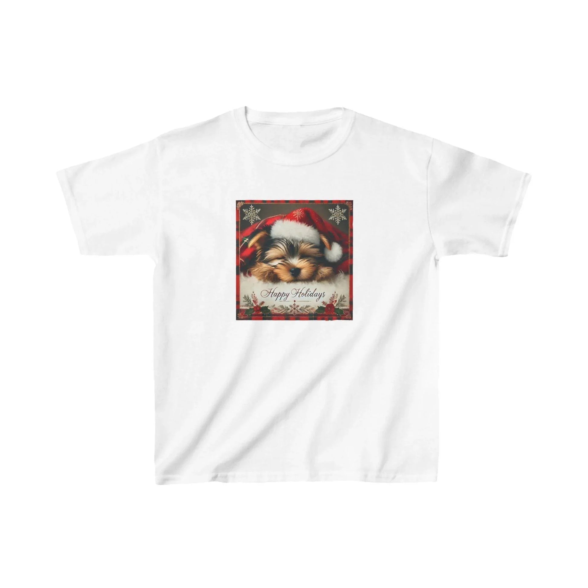 Snoozing Santa's Little Helper: Happy Holidays 🐶 Kids Heavy Cotton™ Tee! - Whippie's