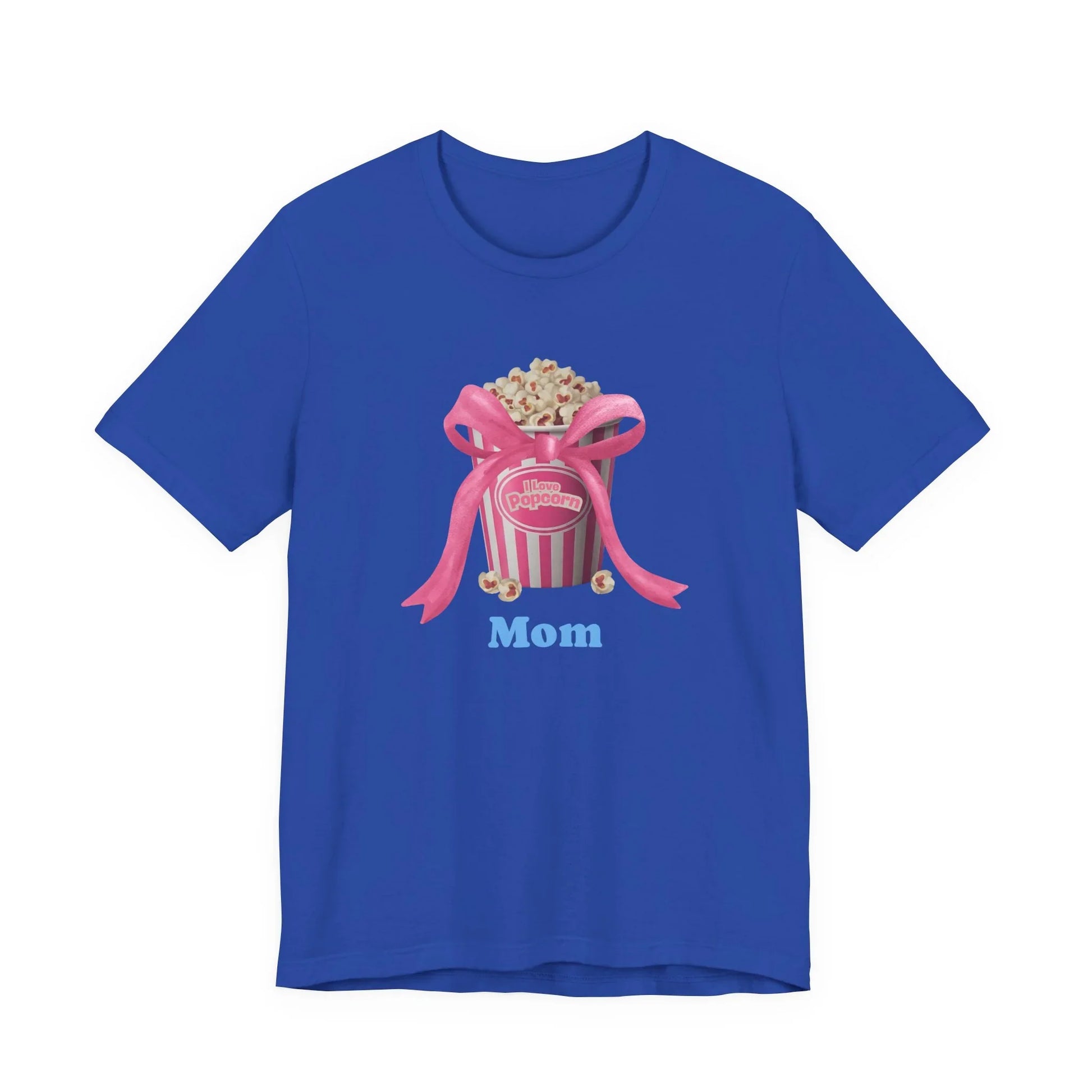 Blue t-shirt with popcorn bucket graphic, pink ribbon, and text 'I Love Popcorn Mom'