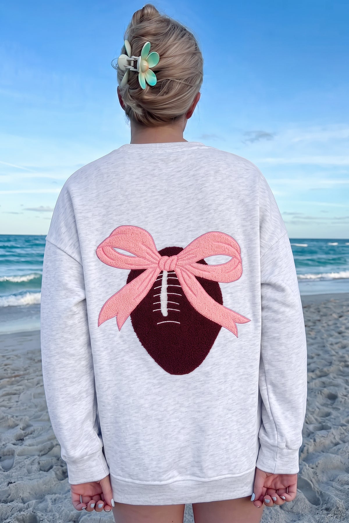 Football Bow Sweatshirt | Light Grey Embroidered Game Day Top