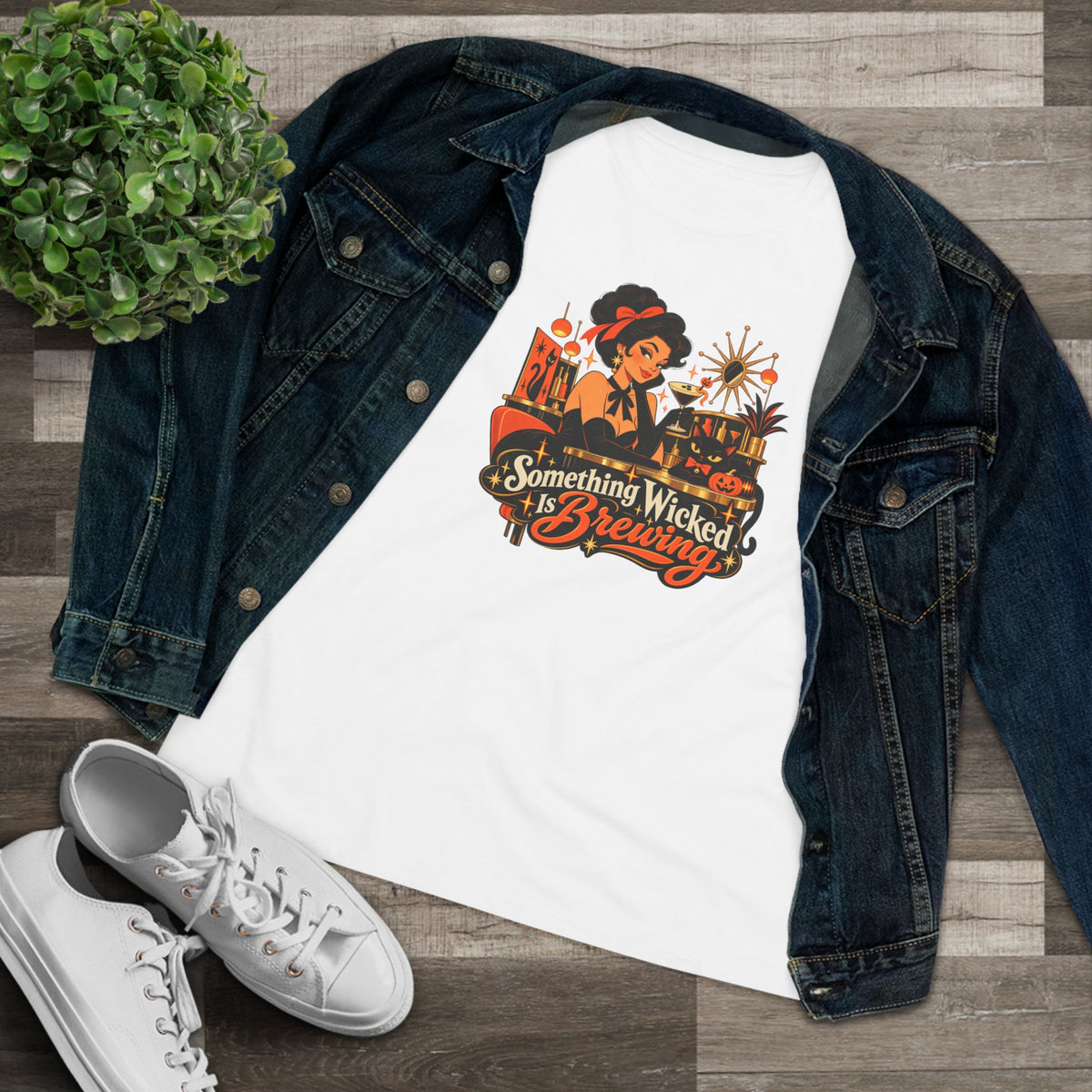 White witch cocktail shirt styled with denim jacket and sneakers