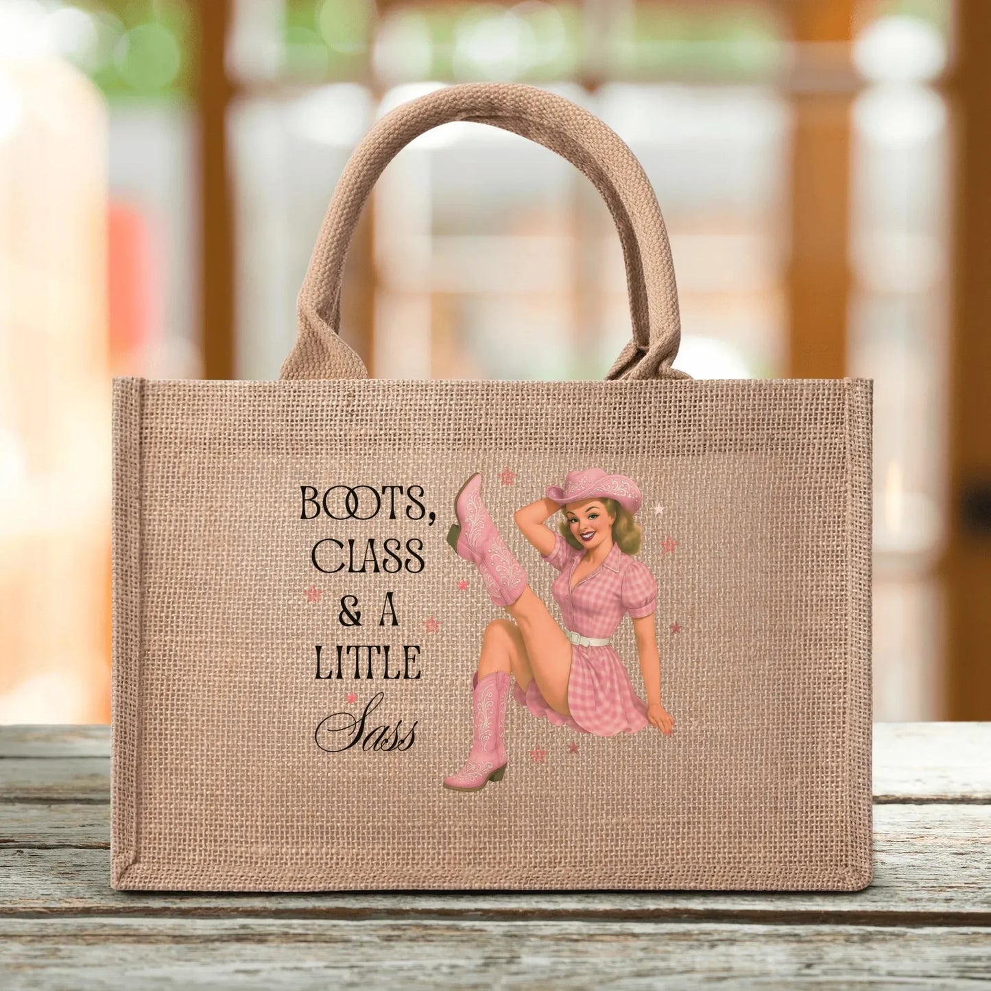 Boots, Class, & A Little Sass Jute Burlap Tote Bag