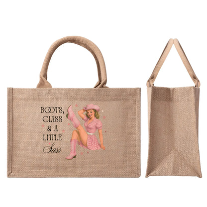 Boots, Class, & A Little Sass Jute Burlap Tote Bag