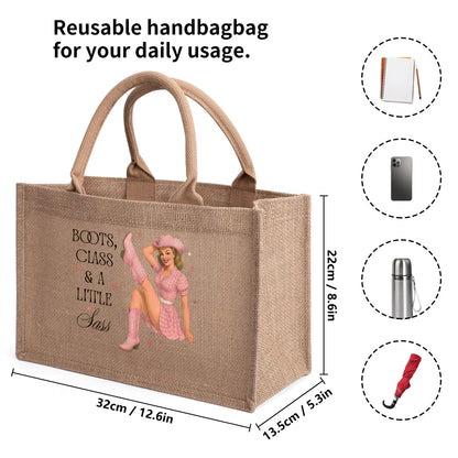 Boots, Class, & A Little Sass Jute Burlap Tote Bag