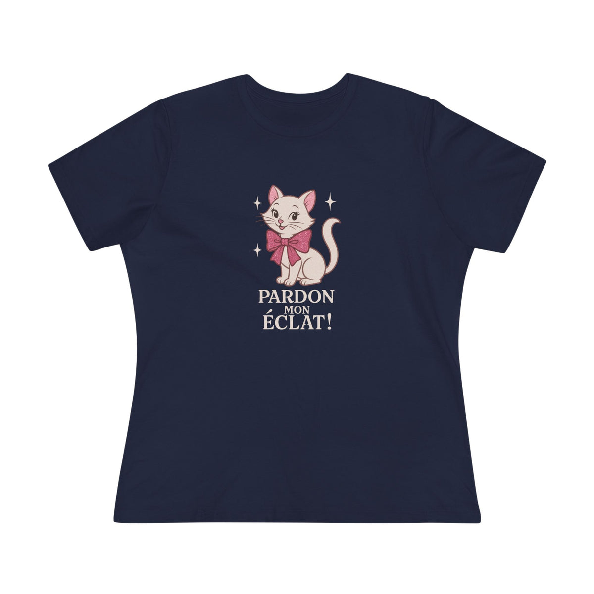 Pardon Mon Éclat White Sparkly Cat with Pink Bow Women's Tee