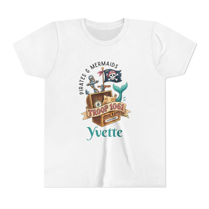 White t-shirt with a pirate-themed design and text on a white wearing a girl scout camporee teebackground