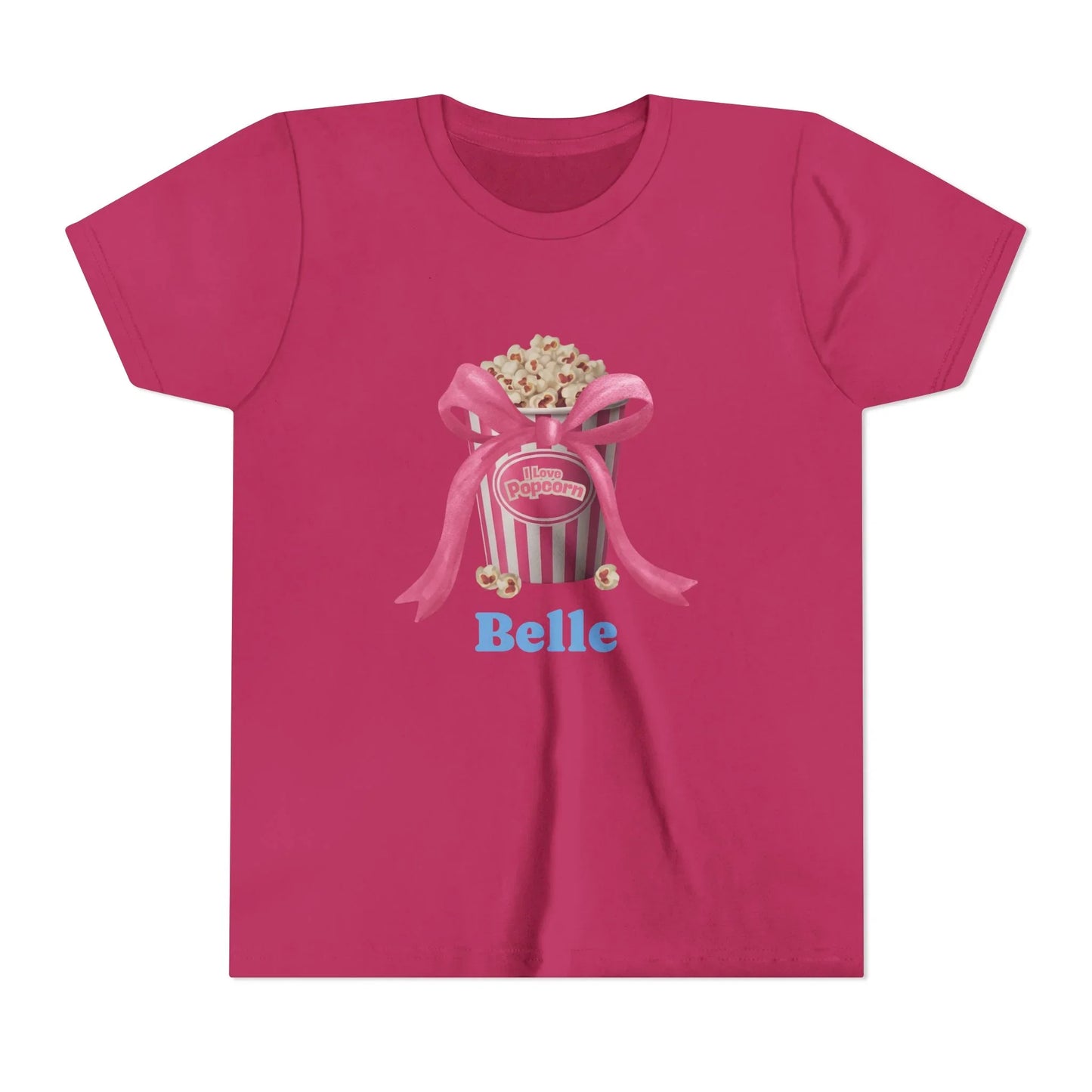 Magenta T-shirt with popcorn bucket graphic tied with pink bow and text 'I love Popcorn' and 'Belle'