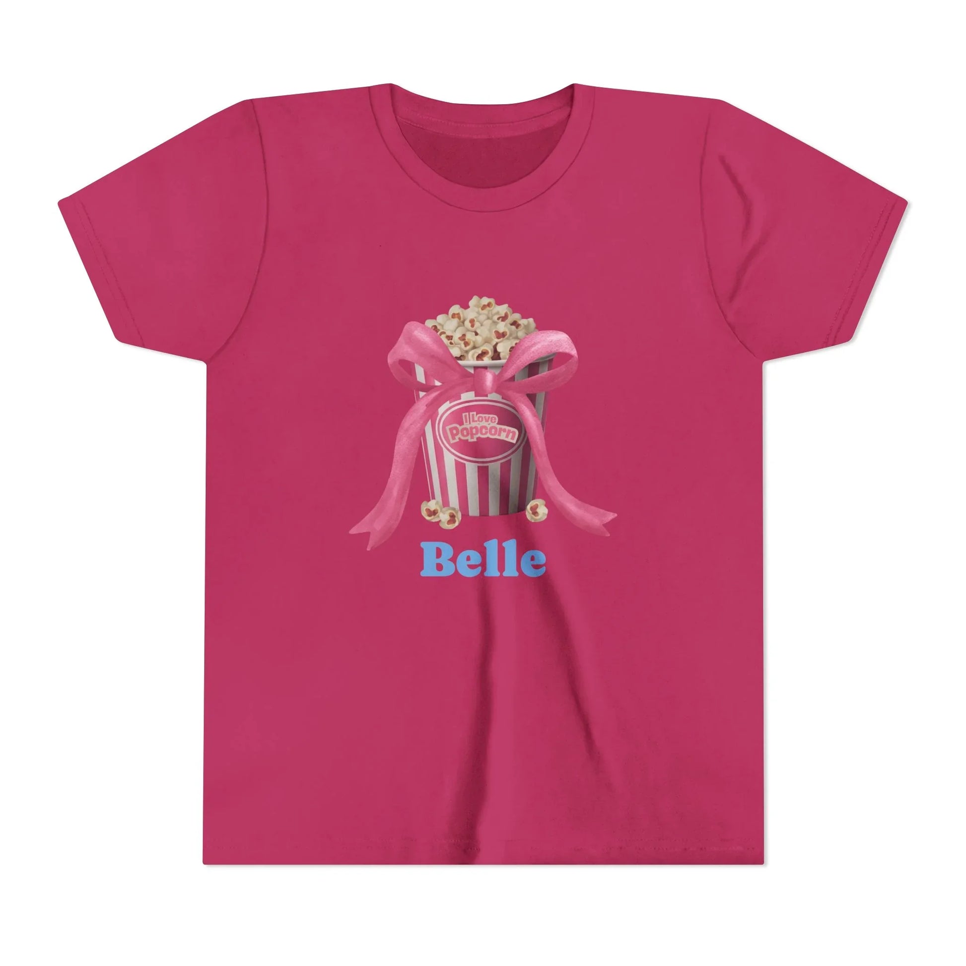 Magenta T-shirt with popcorn bucket graphic tied with pink bow and text 'I love Popcorn' and 'Belle'