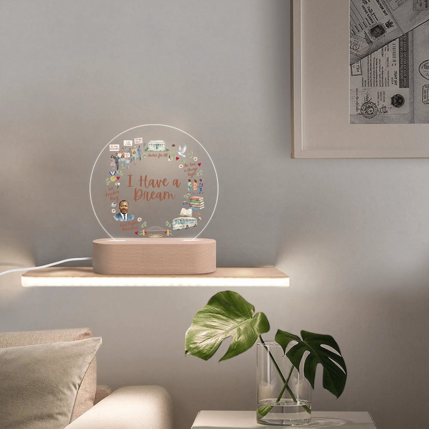 Vintage-style acrylic night light with civil rights icons and 'I Have a Dream' text on shelf