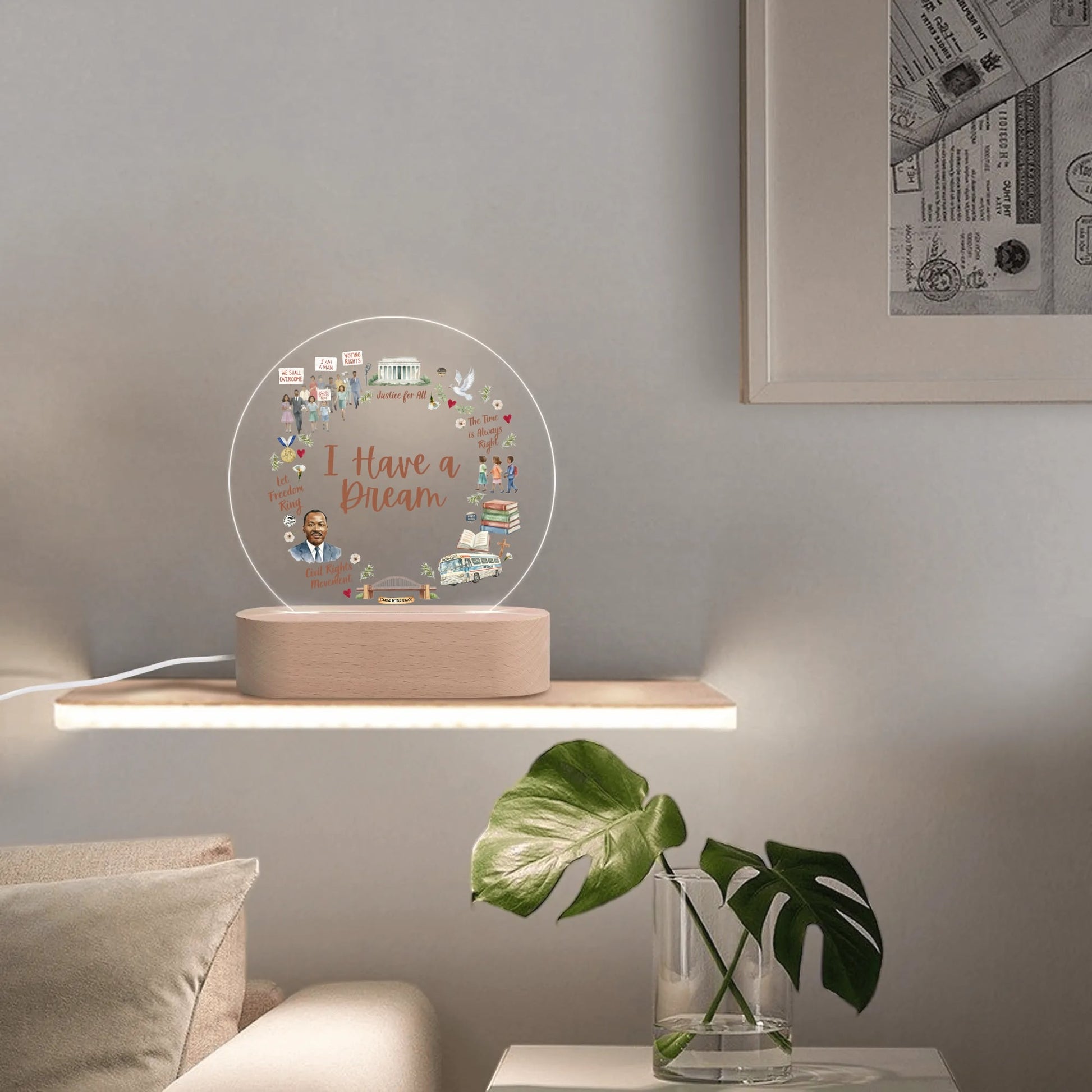 Vintage-style acrylic night light with civil rights icons and 'I Have a Dream' text on shelf