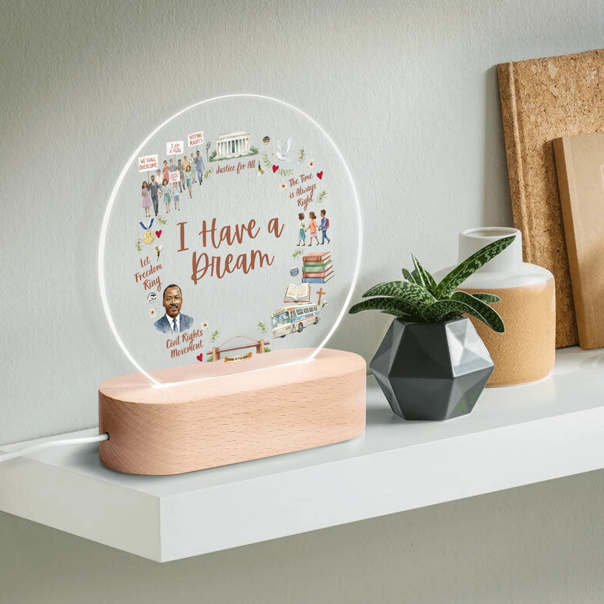 I Have a Dream LED night light with civil rights and Martin Luther King Jr. illustrations on shelf