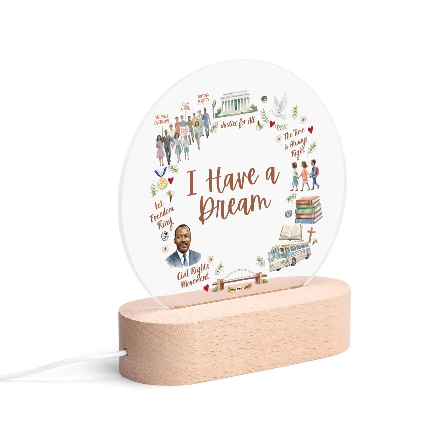 Decorative desk lamp with 'I Have a Dream' text, civil rights and vintage-inspired artwork.