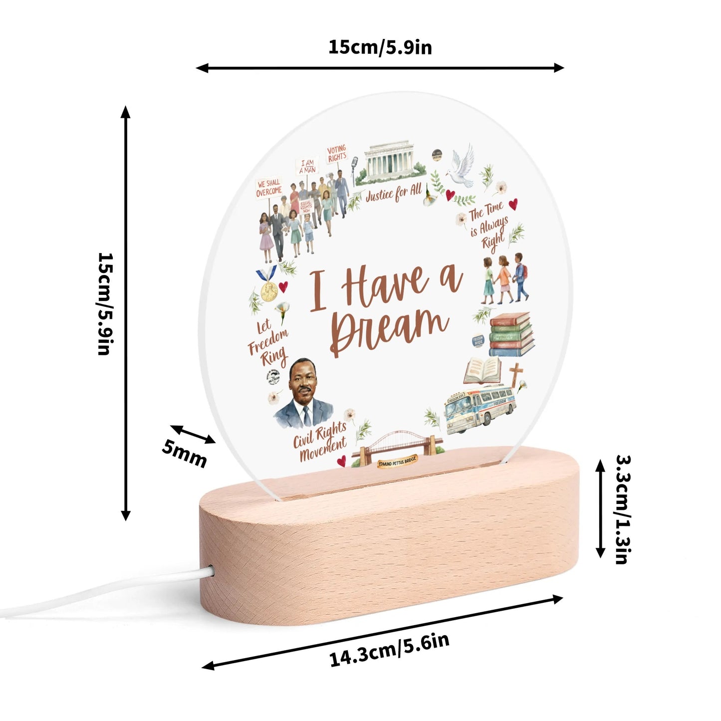 Whippie's decorative round LED lamp with 'I Have a Dream' MLK design, civil rights theme