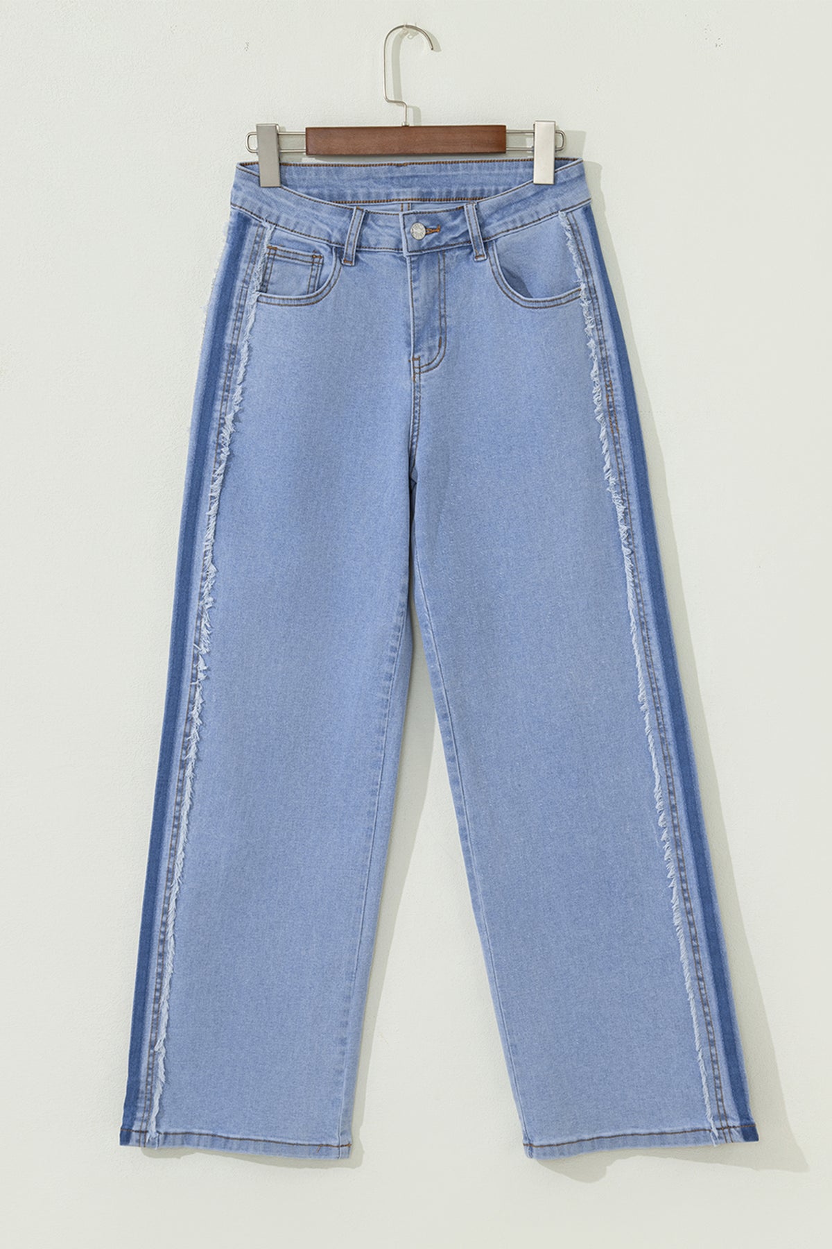 Beau Blue Contrast Stripe Frayed Side Panel Patchwork Jeans