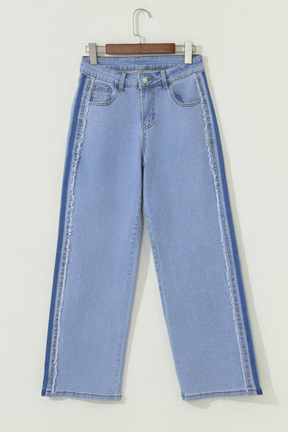 Beau Blue Contrast Stripe Frayed Side Panel Patchwork Jeans