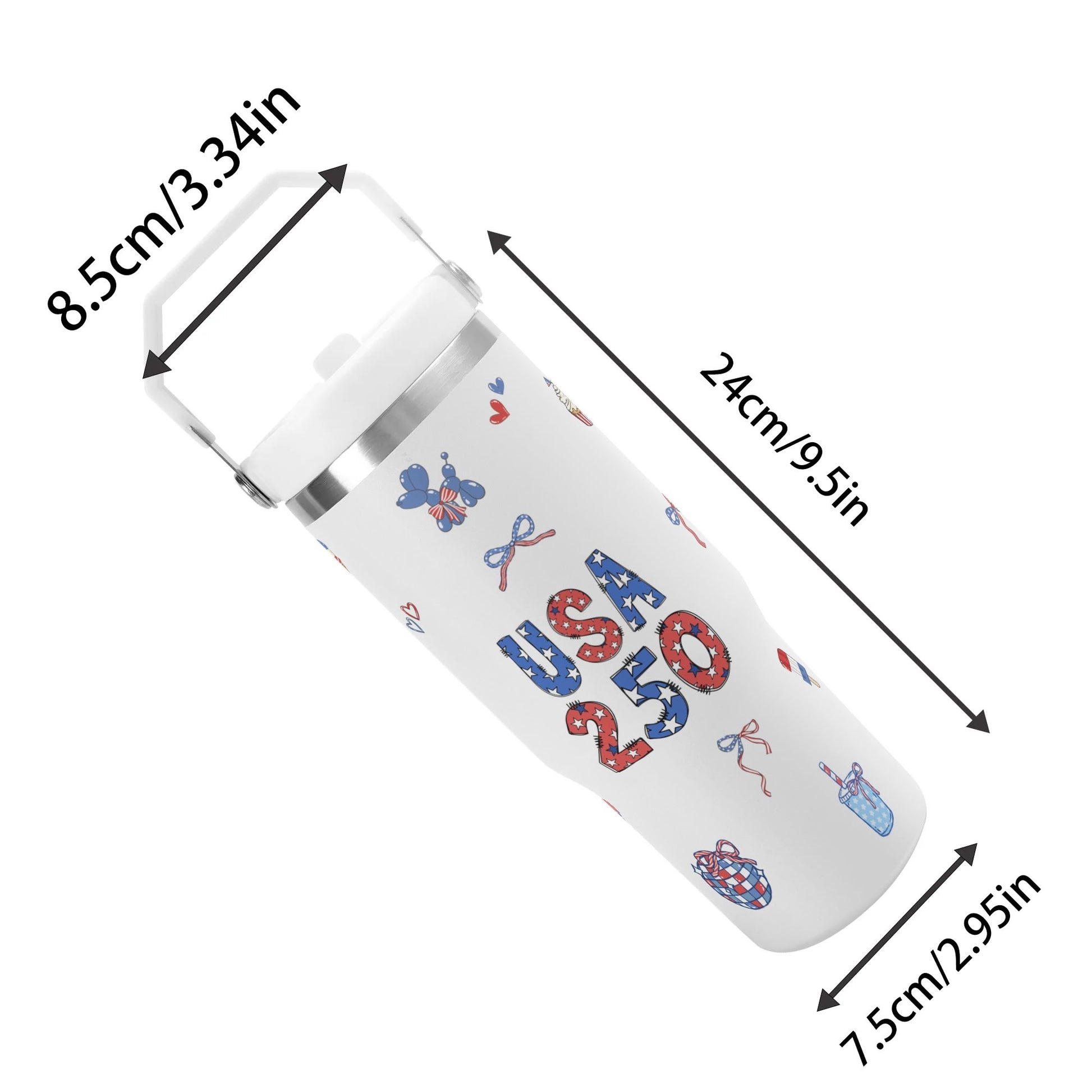 USA 250 Tumbler Dimensions 2.95" x 9.5" 30 oz tumbler
