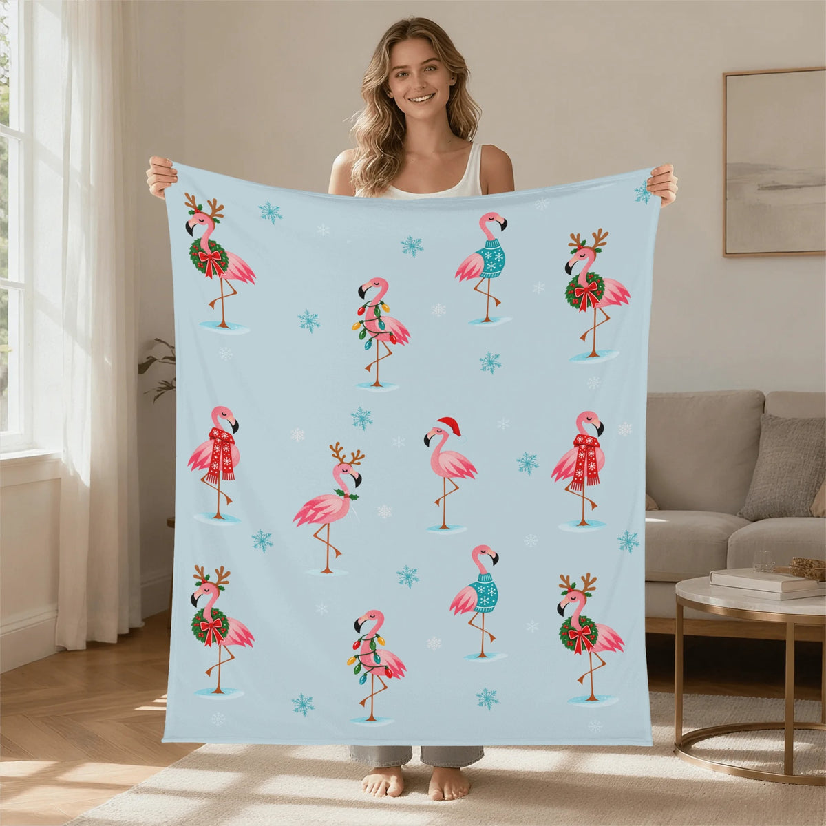 Christmas flamingo blanket product view with retro pink holiday design
