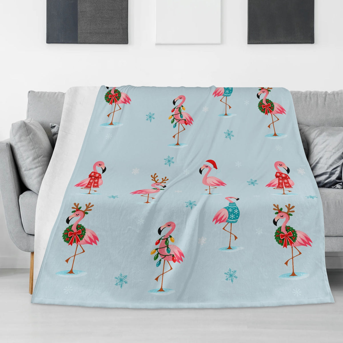 Christmas flamingo blanket close view showing festive flamingo pattern