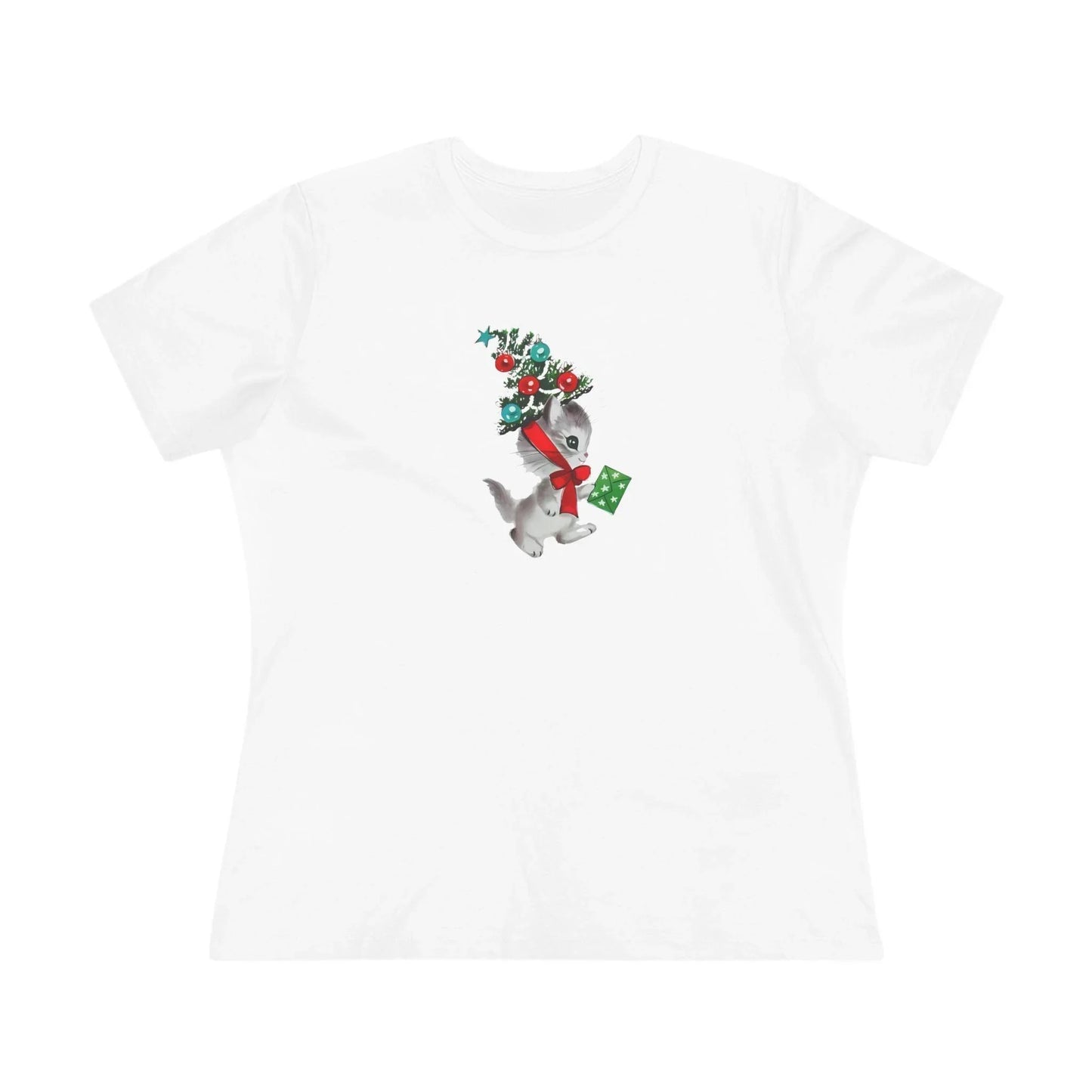 Kittie with Christmas Tree Hat and Card - Women's Softstyle Tee - Whippie's