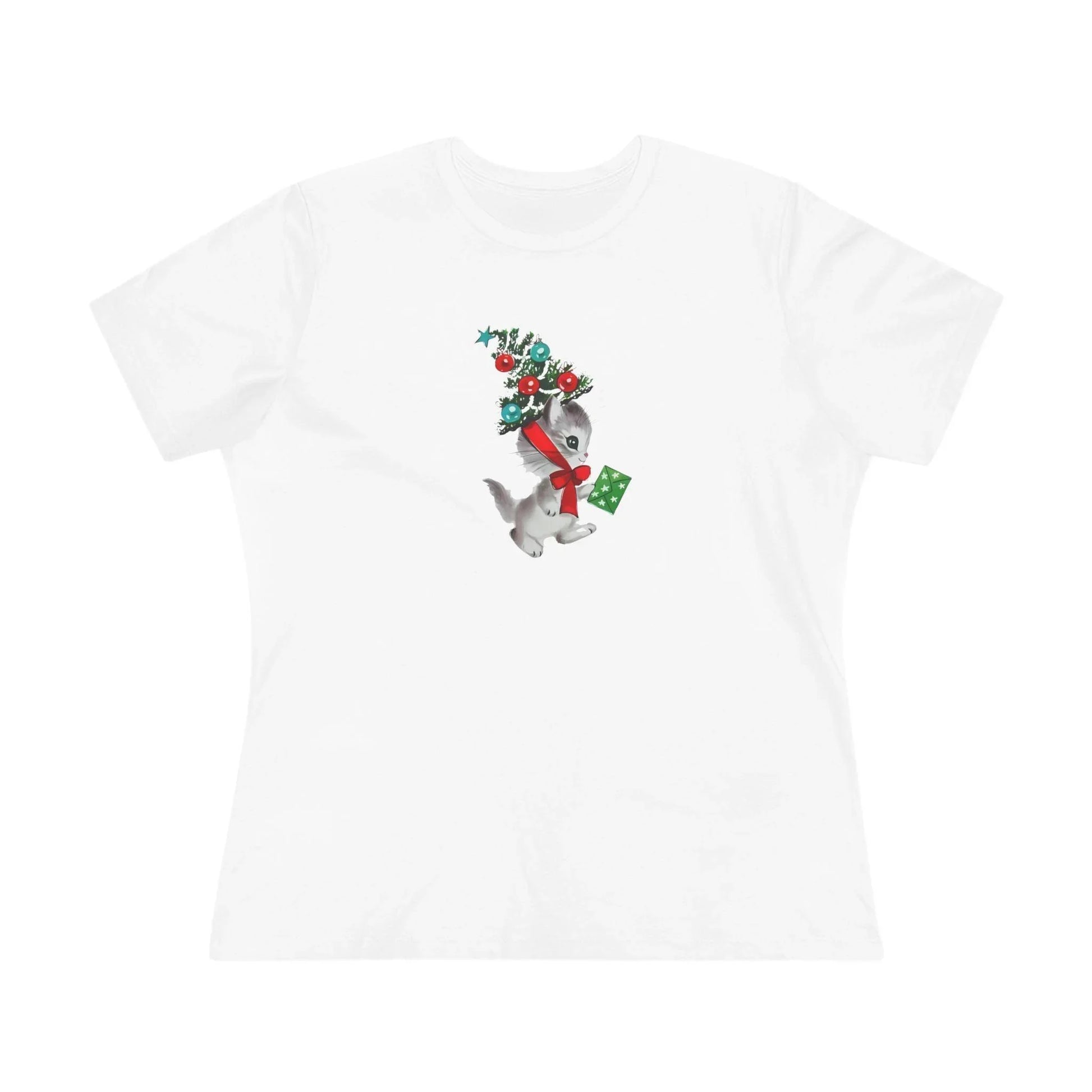 Kittie with Christmas Tree Hat and Card - Women's Softstyle Tee - Whippie's
