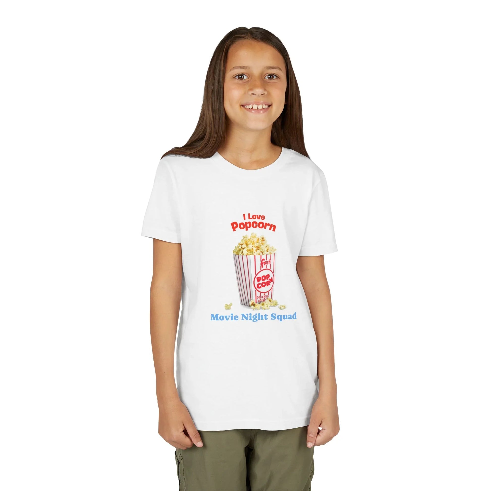Smiling girl wearing white t-shirt with popcorn bucket and text I Love Popcorn Movie Night Squad
