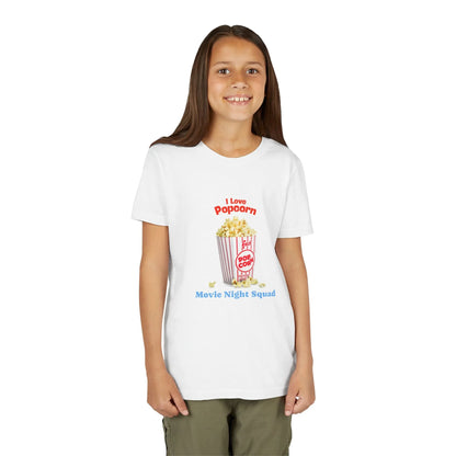 Smiling girl wearing white t-shirt with popcorn bucket and text I Love Popcorn Movie Night Squad