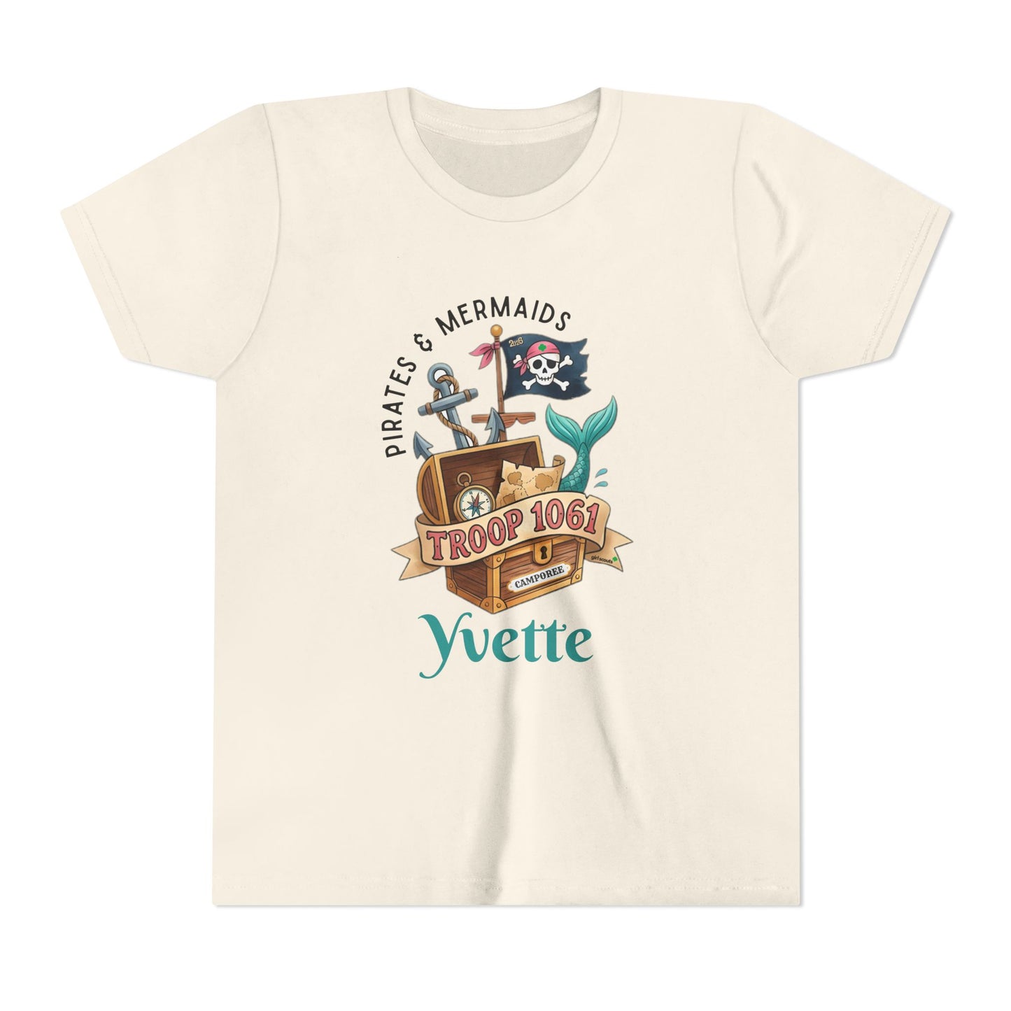 Beige t-shirt with a pirate-themed design and text on a white  wearing a girl scout camporee teebackground