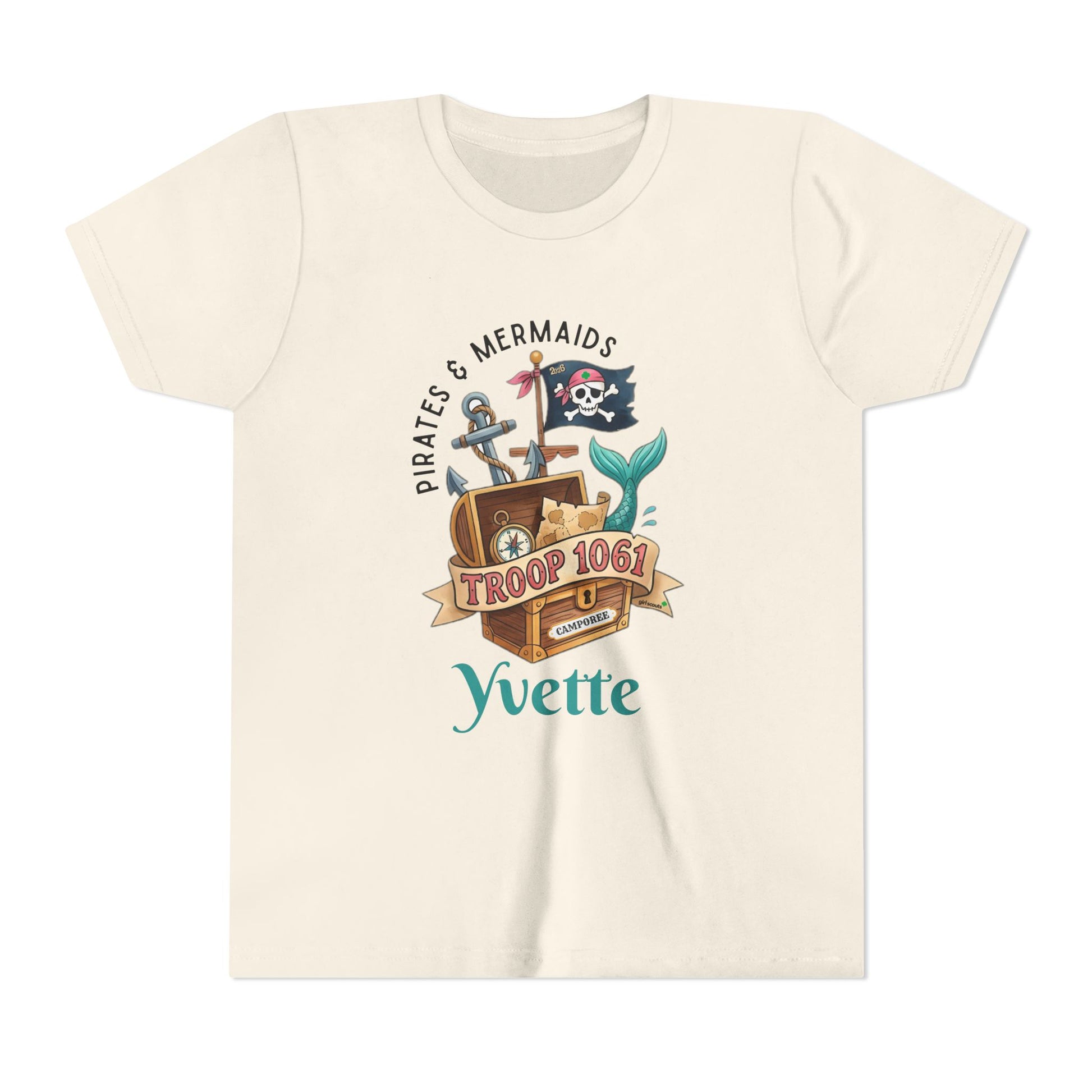 Beige t-shirt with a pirate-themed design and text on a white  wearing a girl scout camporee teebackground
