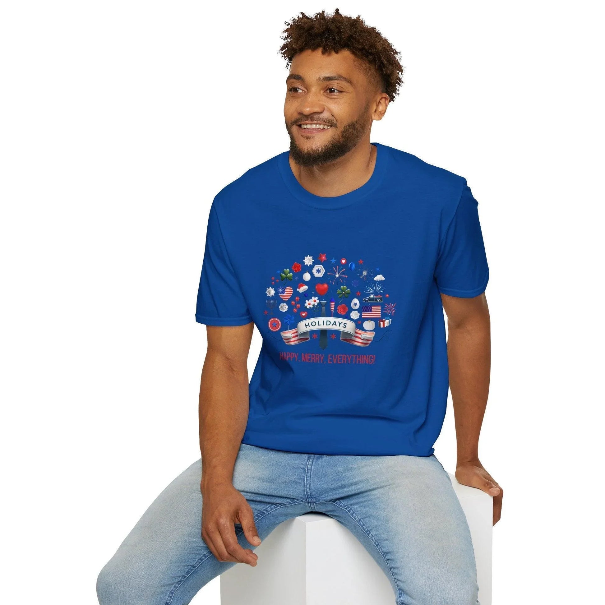 Merry Happy Everything 🎉 Unisex T-Shirt - Red, White & Blue Holiday Cheer! - Whippie's