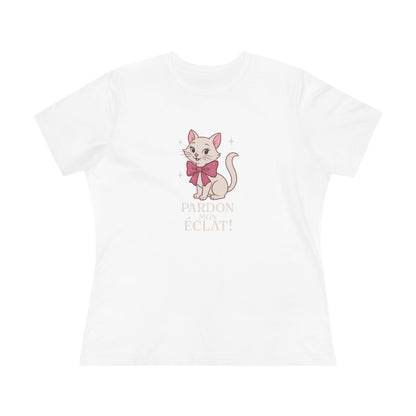 Pardon Mon Éclat White Sparkly Cat with Pink Bow Women's Tee