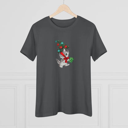 Kittie with Christmas Tree Hat and Card - Women's Softstyle Tee - Whippie's