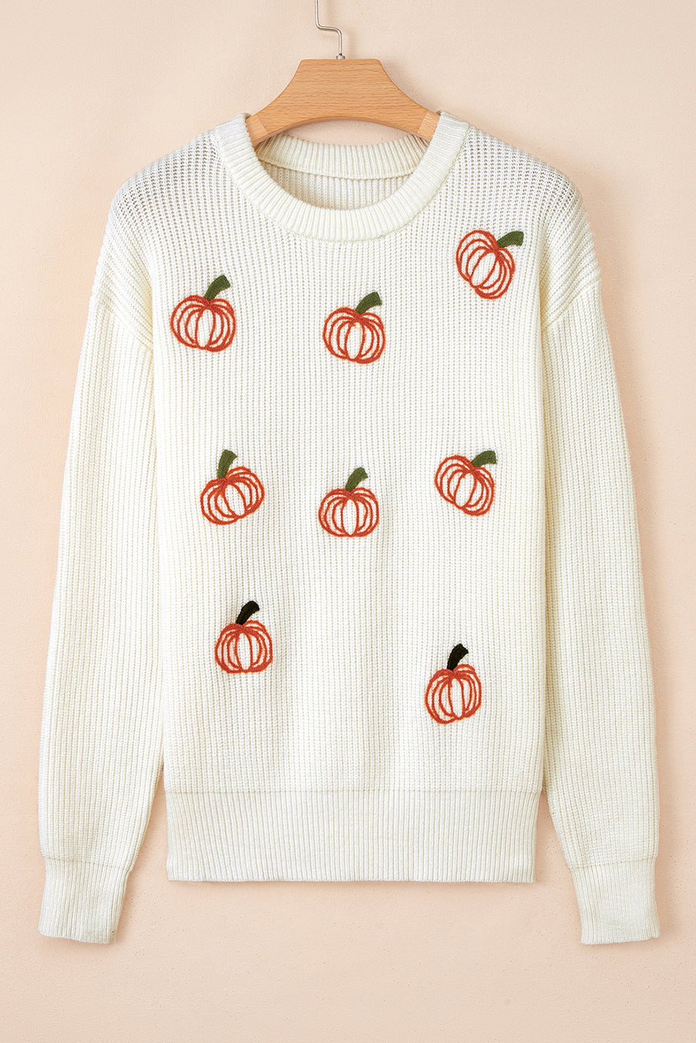 Beige Pumpkin Embroidered Thanksgiving Sweater
