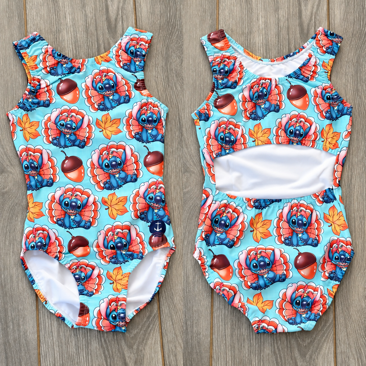 Thanksgiving Leotard | Turkey Stitch: Front and open-back flat lay