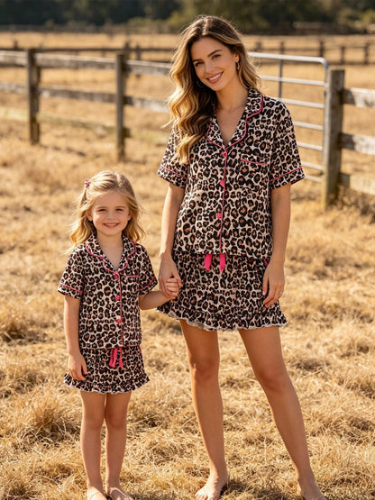 Mommy and Me Pajamas | Leopard Ruffle Shorts: Adult and child modeling leopard shorts sets