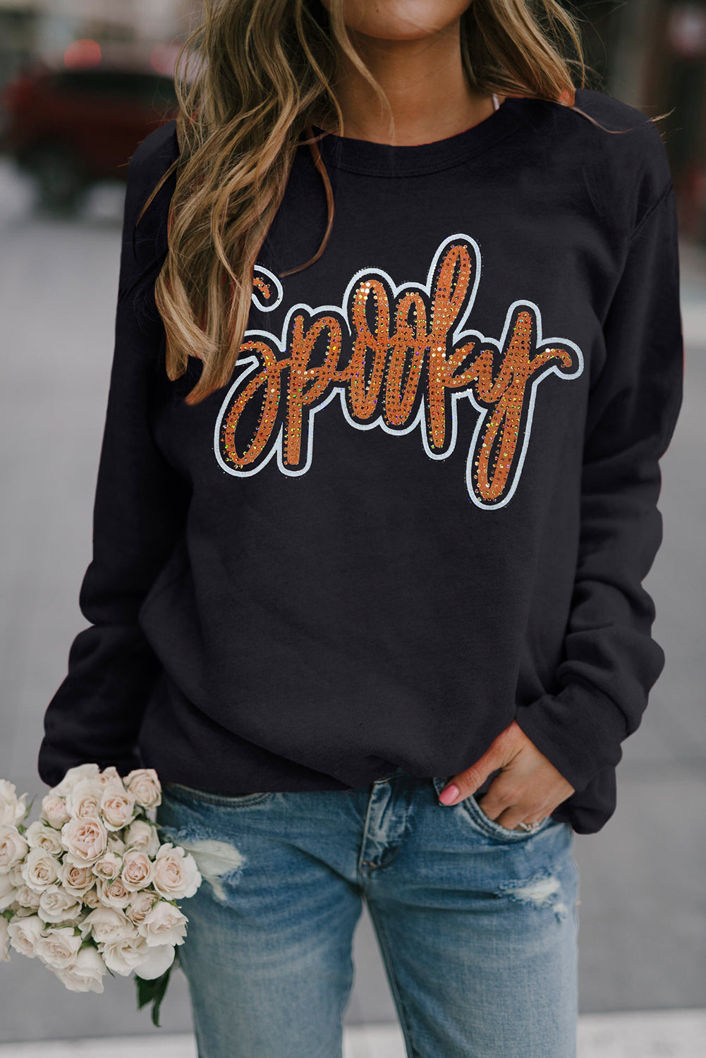 Spooky Rhinestone Halloween Sweatshirt | Black Pullover