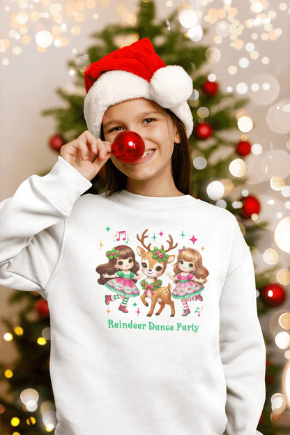 🦌 Reindeer Dance Party 👧 Youth Crewneck Sweatshirt 🎄 - Whippie's