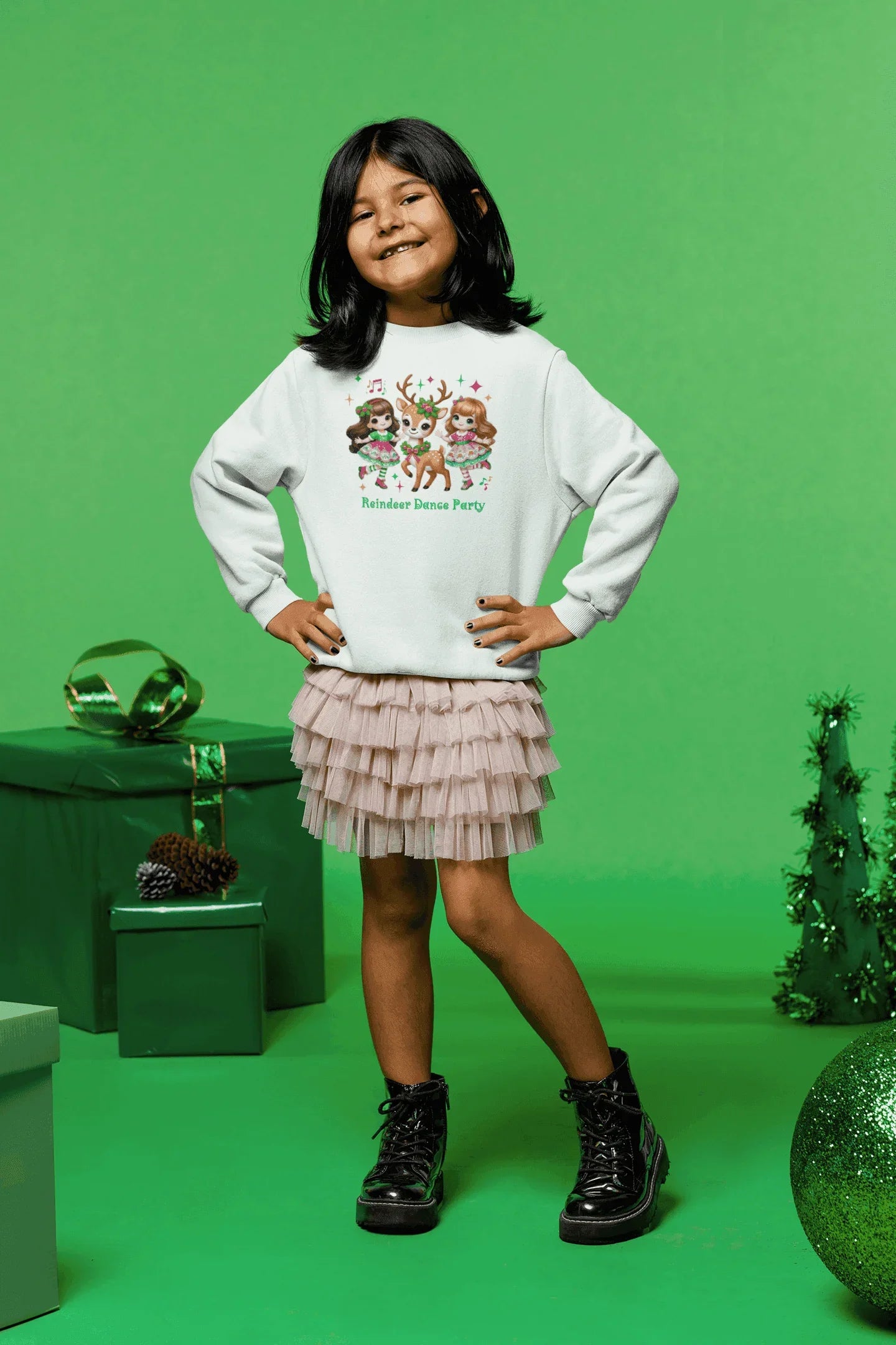 🦌 Reindeer Dance Party 👧 Youth Crewneck Sweatshirt 🎄 - Whippie's