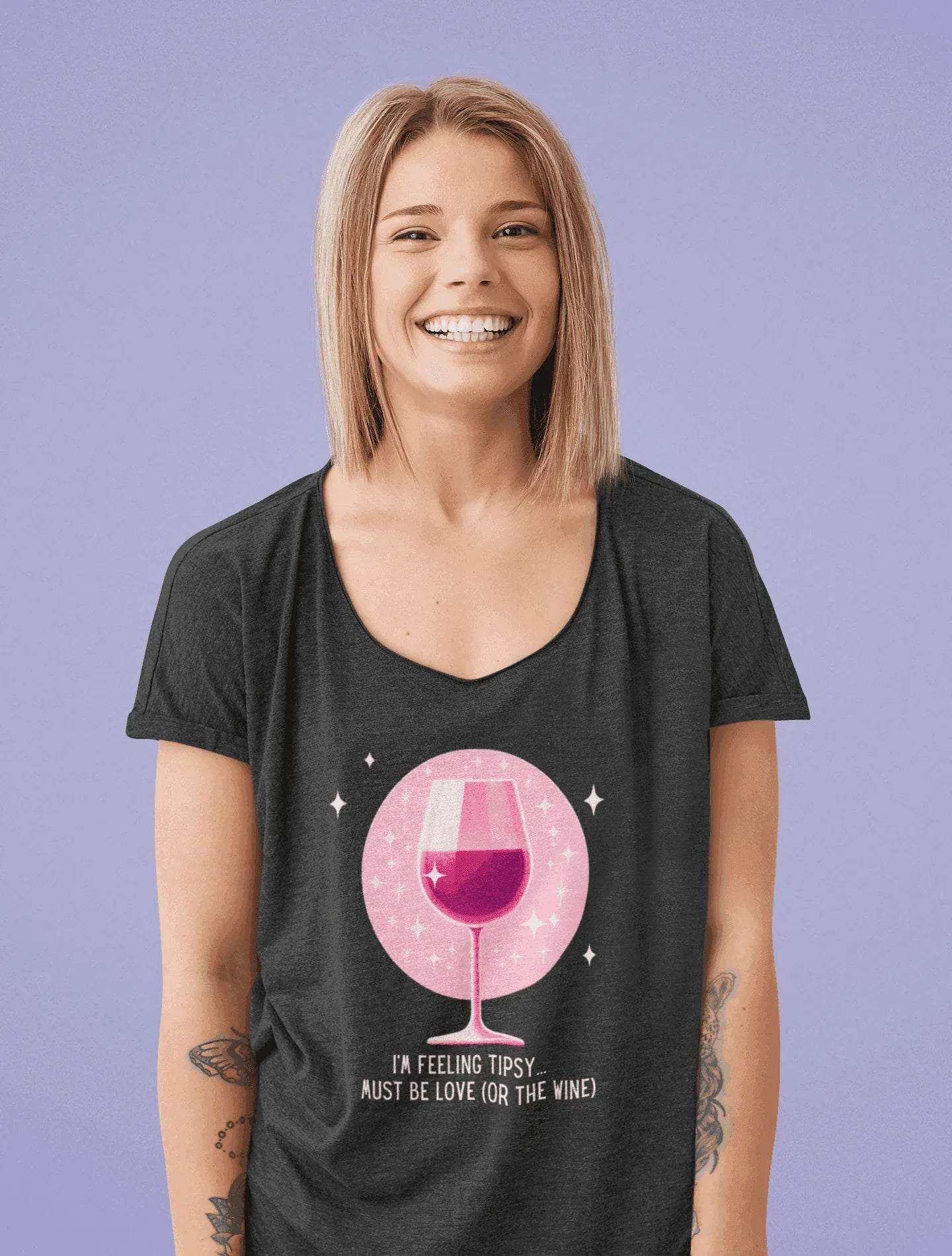 💖 I'm Feeling Tipsy... Must Be Love (or the Wine) 🍷 Ladies' V-Neck Tee ✨ Celebrate love and wine! - Whippie's