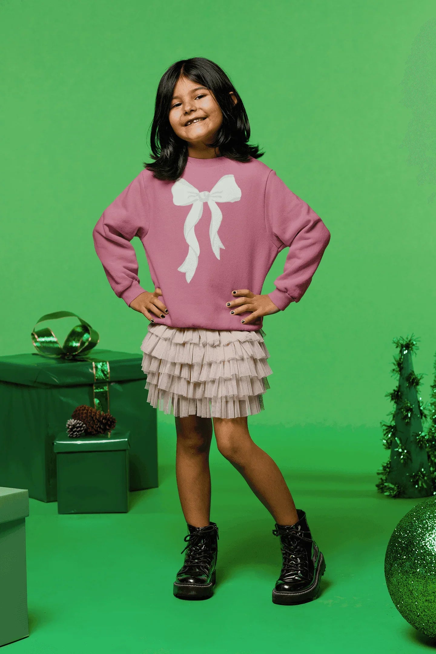 Pink & White Bow Youth Crewneck Sweatshirt - Sweet Style for Every Girl 💖 - Whippie's