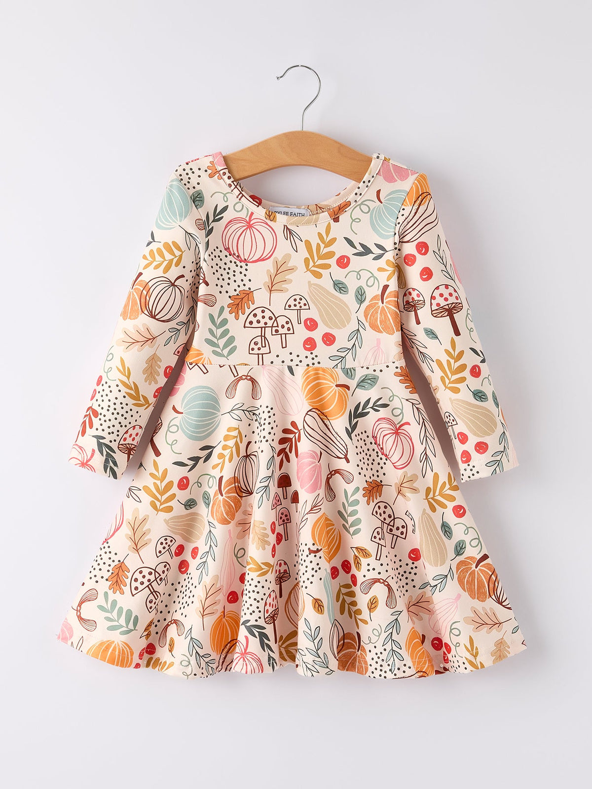 Girls Fall Dress | Pumpkin & Leaf Print: Back on hanger