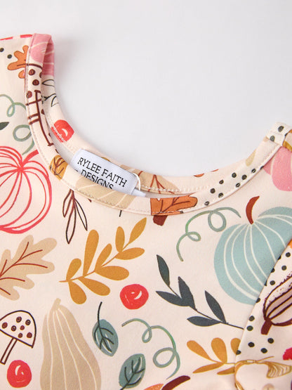 Girls Fall Dress | Pumpkin & Leaf Print: Neckline and label detail
