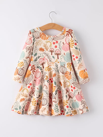 Girls Fall Dress | Pumpkin & Leaf Print: Front on hanger
