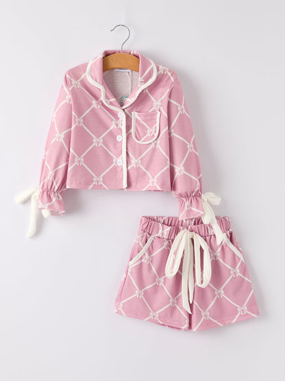 Mommy & Me Autumn Check Bow Girls Lapel Pajamas