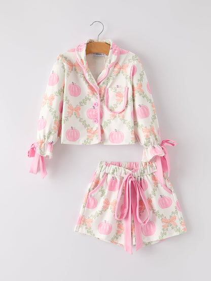 Mommy and Me Pajamas | Pumpkin Floral Shorts: Front flat lay of top and shorts