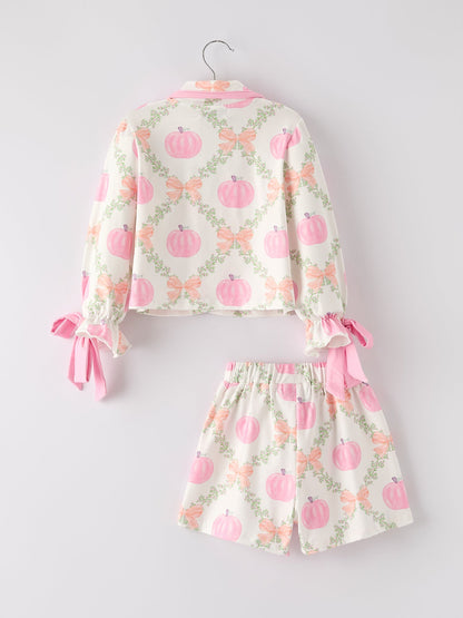 Mommy and Me Pajamas | Pumpkin Floral Shorts: Back flat lay of top and shorts